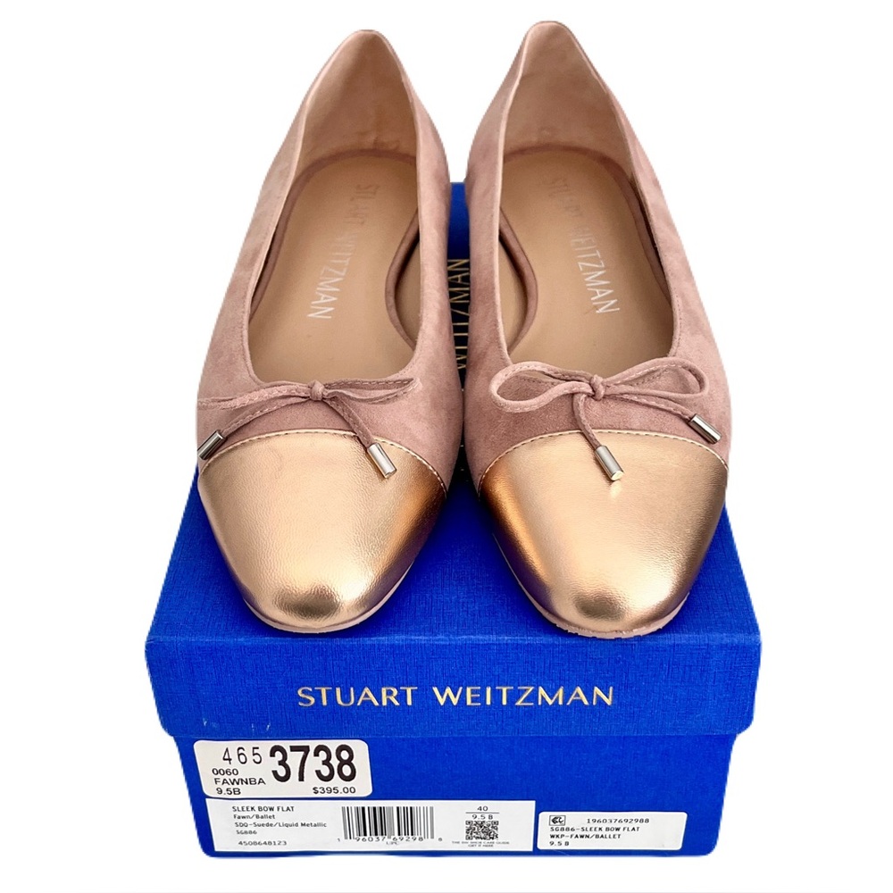 NIB Stuart Weitzman Blush Suede ‘Sleek Bow’ Ballet Flats in “Fawn”, Size 9.5 - Picture 5 of 8